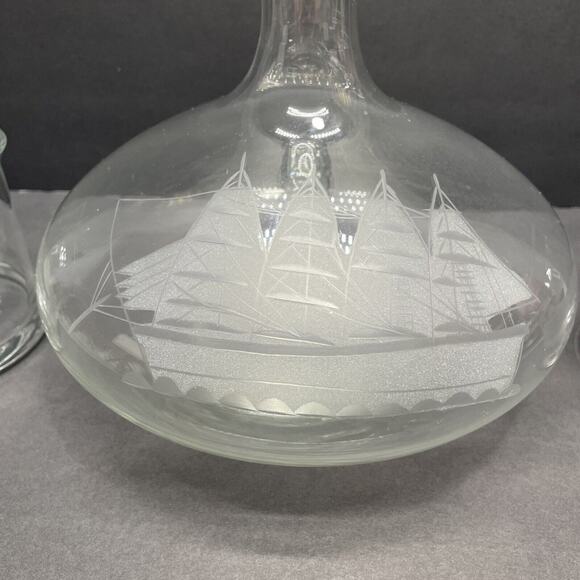 Glass Decanter & 2 Rocks Glasses w/Etched Sailing Ship Frosted White Nautical - Picture 2 of 8
